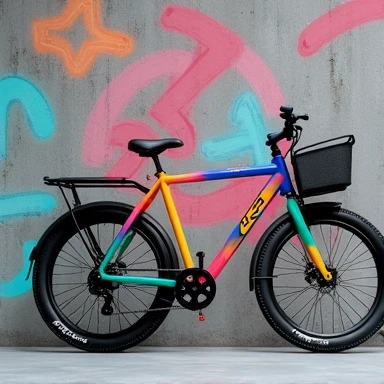 
a completely new multicolored minimalist bike with basket and rack with a gray wall with graffiti in the background