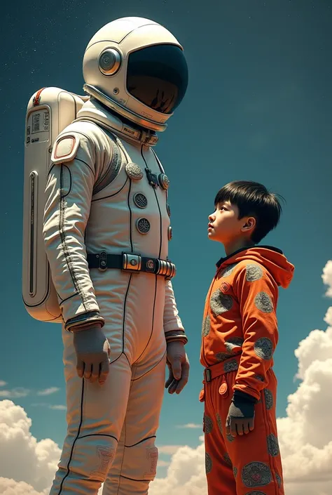 Mongolian man astronaut and Mongolian boy straight hair more taller forward 