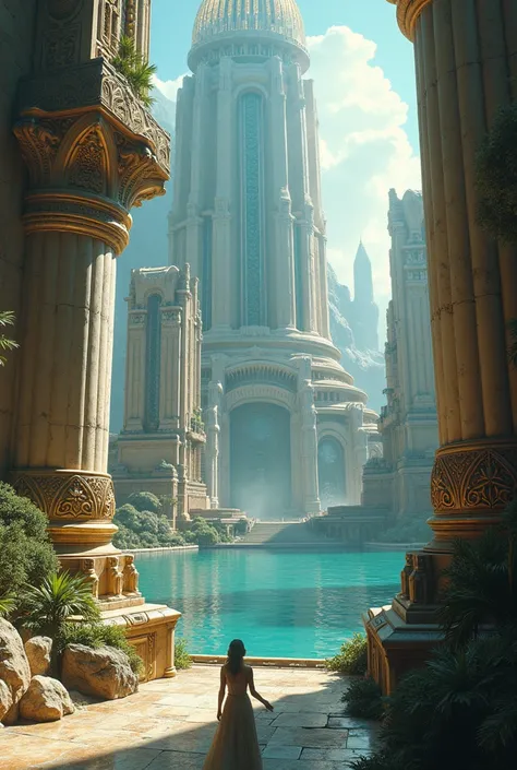 A utopian vision of Atlantis before its demise, showcasing advanced technology, grand architecture, and a sense of unparalleled splendor. The image is a masterfully crafted digital painting, vividly bringing to life a world of towering structures, shimmeri...