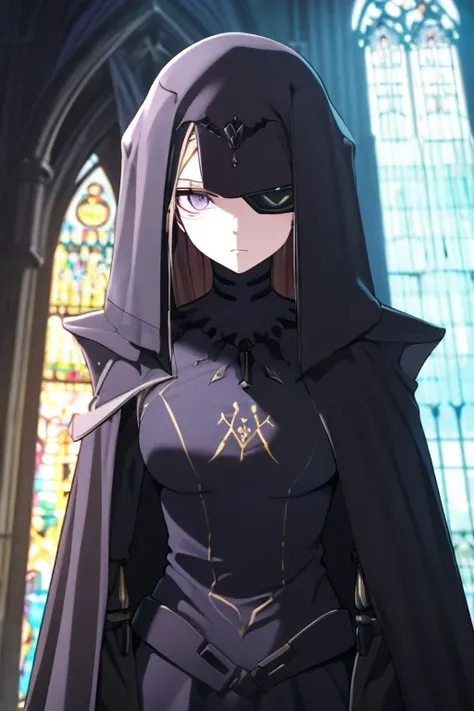 best quality, highly detailed, dark shadows, inside a church, moonlight, bioluminescence , Nitorization, 9a91normal, 1girl, glaring, empty eyes, expressionless, ( mechanical arms:1.1), cape, capelet, (black dress:0.75),long veil, headgear, black arms, uppe...