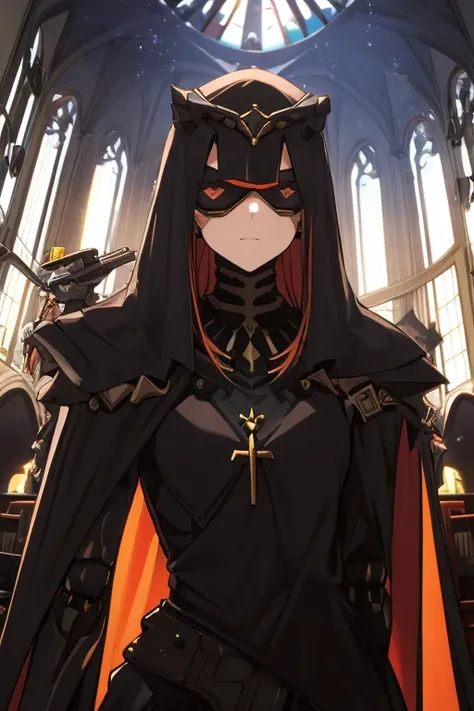 best quality, highly detailed, dark shadows, inside a church, moonlight, bioluminescence , Nitorization, 9a91normal, 1girl, glaring, empty eyes, expressionless, ( mechanical arms:1.1), cape, capelet, (black dress:0.75),long veil, headgear, black arms, uppe...