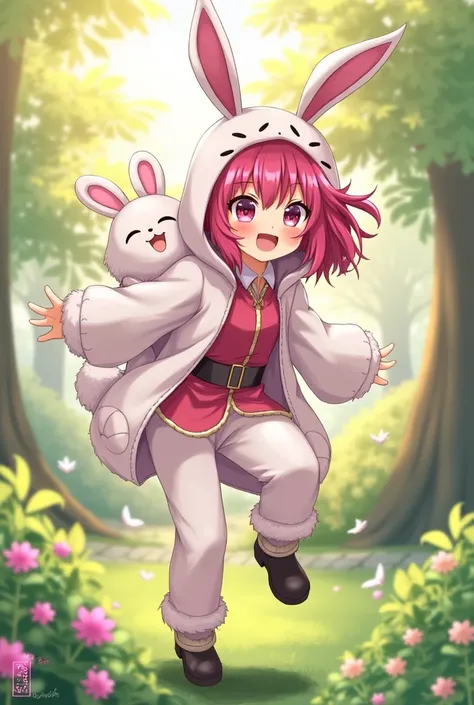 Kanroji Mitsuri wearing a rabbit costume on his back 