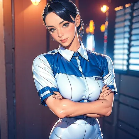 (masterpiece:1.2, highest quality), (Realistic, photoRealistic:1.4),Beautiful illustrations,(Natural Side Lighting, Cinema Lighting),1 female,Japanese,Mature Woman,Policewoman on patrol,48 years old,Perfect Face, Symmetrical face, Shiny skin,Random Hairsty...