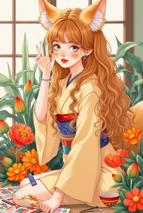 side view, alone,Jacket,( looking at the audience :1.3),( Caramel Golden Wave Head ),Fox ears, Smile, with eyes closed,( Beautiful Seasonal Flowers ， A sand-colored rainbow pattern kimono), Old Japanese House ,indoor,( Eating Japanese Noodles :1.2),Japanes...