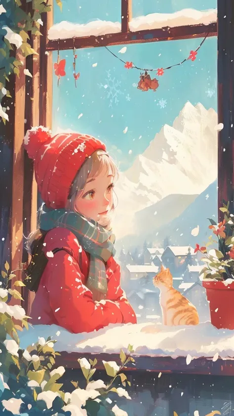 there is a girl looking out a window at a cat, adorable digital painting, cute detailed digital art, winter concept art, cute detailed artwork, jen bartel, atey ghailan 8 k, cute digital art, a beautiful artwork illustration, by Atey Ghailan, beautiful dig...