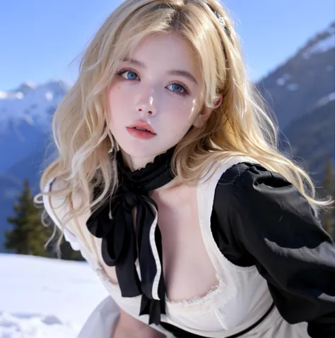  Beautiful woman ,Cute, huge natural breasts , blonde curly hair/current, dark blue eyes and face are drawn in detail,  not too thin ,  to make it ultra-realistic,  Western European girl ,  in the snow in the mountains , nun uniform (sexy nun dress ),  ext...