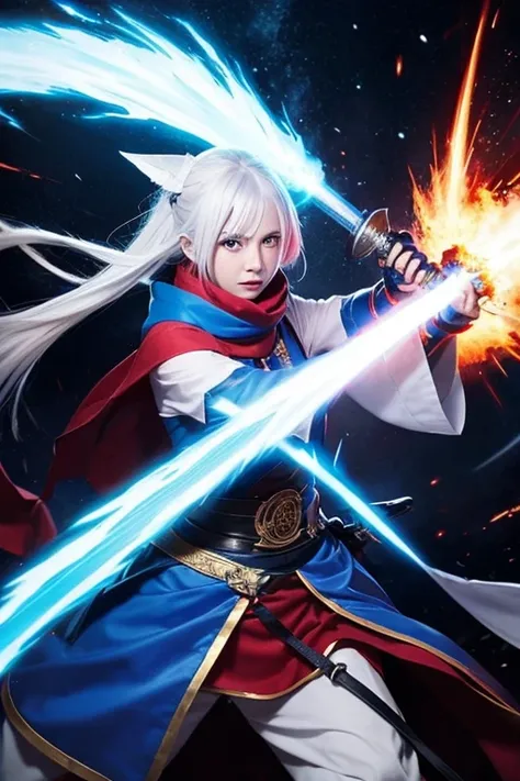  and a white-haired character wears a blue costume 、 and has a sword of fire。 Please draw a scene where your opponent has black hair, wears a red scarf 、 I have a whip of fire 。 and a dark sky spreads out in the background 、The two are waging a fierce batt...