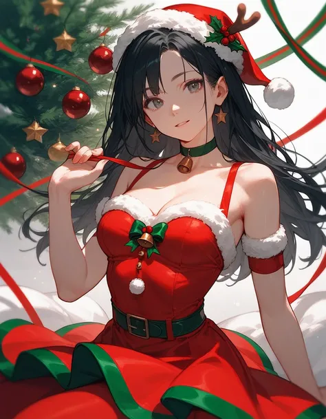 ((face)), ((head)), score_9, score_8_up, score_7_up, (solo), 1girl, black hair, (((hands))), (fingers), medium breast, look at viewer, christmas , sexy costume, skirt,
