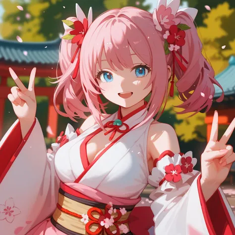 The doll is uploaded and has a 、 has pink hair and a white dress 。,  Good Smile Company anime style, Kinomoto Sakura, Anime Figures, Anime Figures, ( Highly detailed doll  ), Cherry blossom petals around her,  pop up parade figure ,  Good Smile Company Fan...