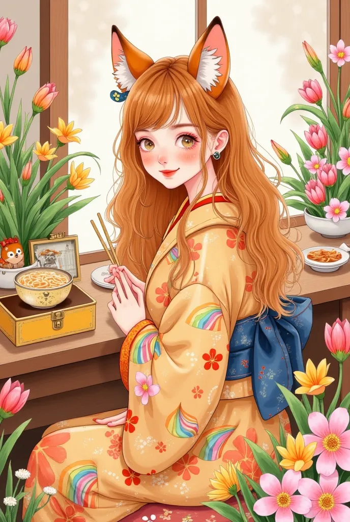 side view, alone,jacket,( looking at the audience :1.3),( caramel golden wave head ),fox ears, smile, with eyes closed,( beautif...