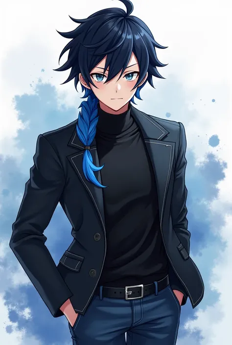 Believe me, an anime boy in a black jacket and with black hair and with a blue lock , con jeans 