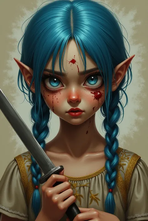  girl  with blue hair and a face bruised by cuts, clean clothes. holding a knife. about s.  has blue braids in her hair . Your clothes have a brown print ,  dark yellow and dark red .  realistic style