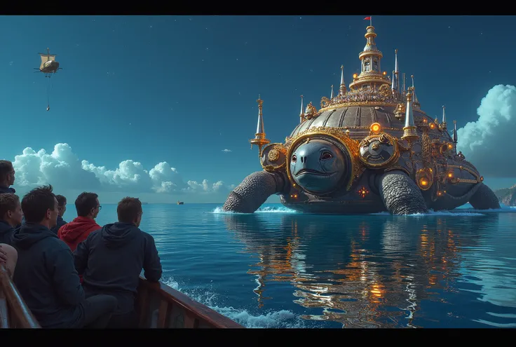 The crew of an airship cheer as they see a fantastic clockwork city nearby, it is reflected in all its splendor in the water, the city is built atop the shell of a giant mecha tortoise in the ocean, starry night