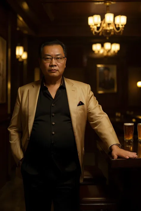 ( high quality , actual ,photo actual :1.37),( is of the best quality,4K,8K, high resolution,masterpiece:1.2),portrait,50-year-old Chinese man, displeased ,50 years,waiter,Father,type,An elegant bar, soft lighting, rich color . suit ，Wearing glasses，fat，Be...