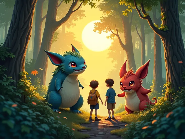 I need an image for the logo of a game of some Pokemon-like creatures, Draw them in a forest,  with the sun setting , With some boys , Give it more realistic that they give a little bit of fear