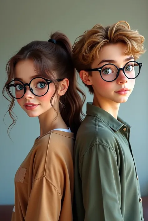 A handsome teenage man and a gorgeous teenage woman standing back to back, the girl having thick wavy brunette hair pulled into a ponytail, fair skin, and piercing baby blue eyes, with round glasses, and the boy is intelligent, having blonde hair and green...