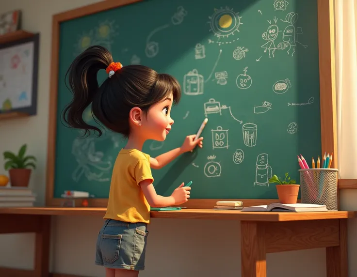 a pixar girl back drawing on the board