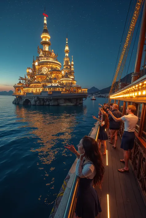 The crew of an airship cheer as they see a fantastic clockwork city nearby, it is reflected in all its splendor in the water, the city is built atop the shell of a giant mecha tortoise in the ocean, starry night