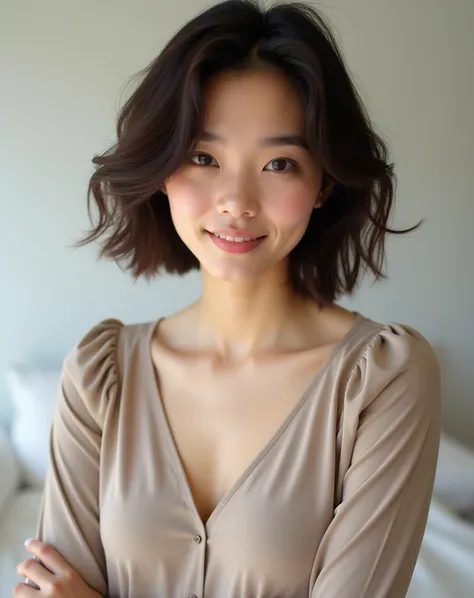  A young woman with delicate features and a natural look ,  with short dark brown hair in a slightly wavy and voluminous style. She is wearing a tight neutral-colored blouse ,  with subtle and elegant details .  Her expression is soft and confident ,  high...