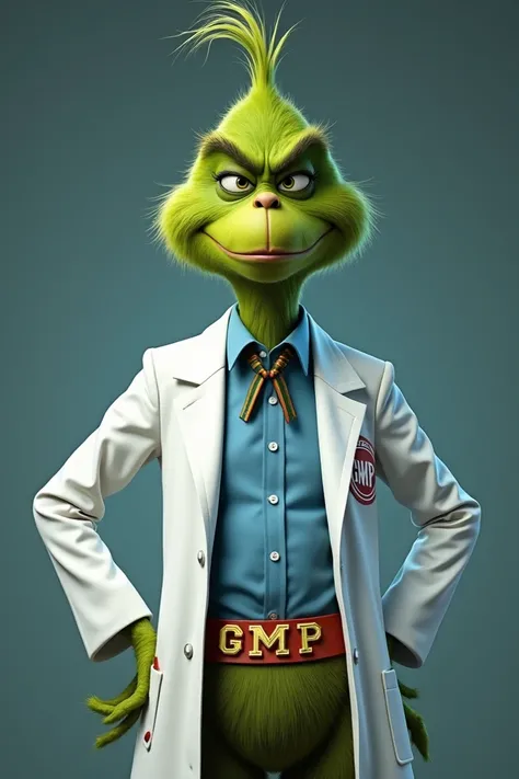 The Grinch in half a body, Modern Hairstyle,  formal shirt dress color blue ,  a Christmas-style bow cut ,  a lab coat with lots of repeated GMP letters, gold-colored waistband .