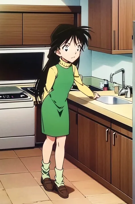 {{{long hair}}},{{{official style}}}
{{{adult}}},green dress,one-piece dress,turtleneck,green  skirt, ｛light green cropped mini jacket},green socks,loafers,wash basin,laundry,kitchen sink