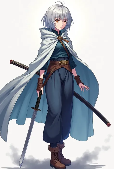 Anime adult female, short silver hair, katana, brown boots, evil, blue and white cloak, brown belt, pants