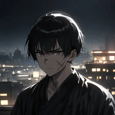  masterpiece, Alone, 1 young boy,  Asian style haircut,  black hair,  brown eyes , scar on cheek, black colored clothes, on the roof of a patio , Epic view of the city, night, serious look,  Cinematic lighting,  lyrics, Detailed