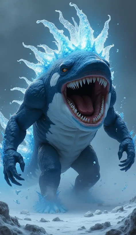 Mutant hybrid of an orca whale with furious and roaring freezing blue liquid 