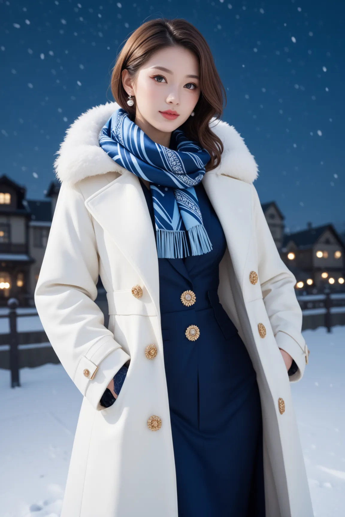 A chic Japanese model with her long brown hair in elegant waves, wearing a sophisticated midnight blue wrap coat, accessorized with a silk scarf and designer gloves. She poses under a clear winter night sky, her somber expression adding to the mystique of ...