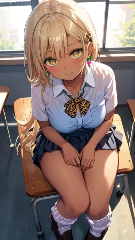 (8k、 High Quality、 best quality、masterpiece)、 detailed face 、 1 girl、Improve、((Brown Skin:1.3))、blonde、 low ponytail 、scrunchie、 yellow eyes、 earrings for a woman alone、 Evil Smiles 、((Green))、Big Breasts、(( White Collared Shirt ))、((Open clothes))、 leopar...