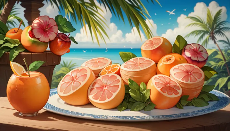 there are many different types of [fruits and vegetables on this table, tropical [fruit, [fruits,  created in illustrator , [fruit, [fruit and flowers,  Gavin Hamilton , [fruit and feathers,  amazing food illustrations , detailed  digital illustration, Ill...