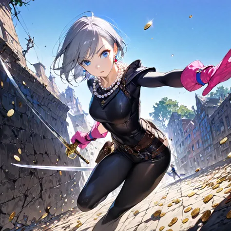 (masterpiece,  best quality:1.1), Thief (dq3),  1 girl, Alone,  Shorthair, Gray Hair,  blue eyes,  medium breasts, Pink gloves,  jewelry, Pearl necklace,  earrings for a woman alone, belt, sword, yellow breastplate,  black bodysuit , bag, (coin, sword on h...