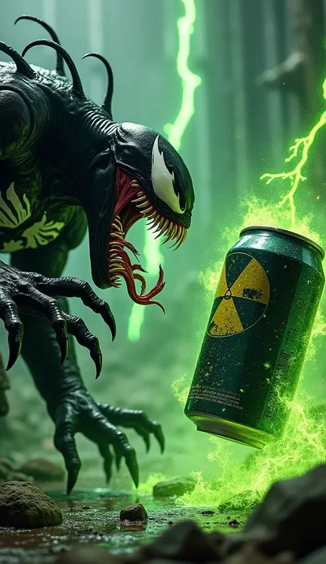 "Create an intense, dramatic scene where a monstrous Venom faces off against an animated nuclear drink tin, both locked in a furious confrontation. Venom should be depicted in his towering, muscular form, black, slick skin gleaming, with sharp fangs expose...