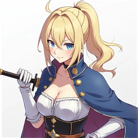 Anime game graphic,masterpiece,best quality,(Beautiful woman solo),cool face,blonde hair, ponytail,blue eyes,sharp bangs,slanted eyes,(glare),(light smiles),(cleavage),(detachable collar),cloak with a stand-up collar,collarbone,bare skin,Collared Neckwear,...