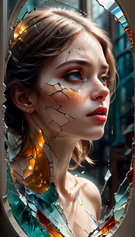 (realistic,photorealistic,photo-realistic:1.37),(best quality,4k,8k,highres,masterpiece:1.2),ultra-detailed,painting,woman,broken glass window,broken mirror,digital art 16k,detailed painting,hyperrealistic digital painting,highly detailed digital art,refle...