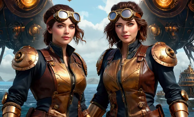 A crew of airship captains, extremely detailed portrait, beautiful detailed eyes, beautiful detailed lips, extremely detailed eyes and face, long eyelashes, goggles, leather jackets, cheering happily, fantastic clockwork city, reflected in water, built ato...