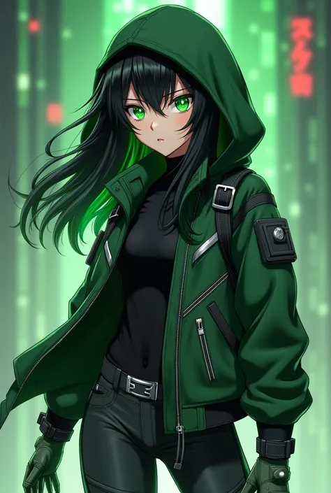 Create a 17-year-old girl
Generate in anime style
Cabello: jet black,  but with emerald green reflections that become more visible when he moves or when he uses his powers. The hair is long, slightly wavy,  and wears it loose with a casual but elegant styl...