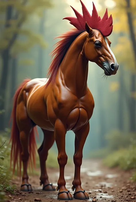 *Prompt -* "A surreal creature that combines the body of a muscular horse with the head of a rooster. The horse has a sleek, well-defined chest, powerful legs, and a smooth, shiny brown coat. The rooster head is detailed with a red comb and wattle, with a ...