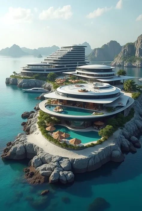 Created a Futuristic and Luxury Building with the logo RUSDHY HOTEL, pool and plans on roof top, Slight Variation of Grey and Navy color style on the wall, surrounded by many small, simple, thatched-roofed antique lagoon water villas granite rocky in the o...