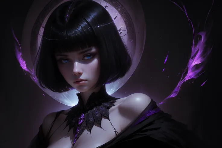 she has short hair, flowing raven-black hair (bangs) and pale, almost ethereal skin. Her eyes are a deep violet, giving her an otherworldly appearance. She dresses in flowing robes of dark purple and black, often adorned with symbols of the occultism, sexy...