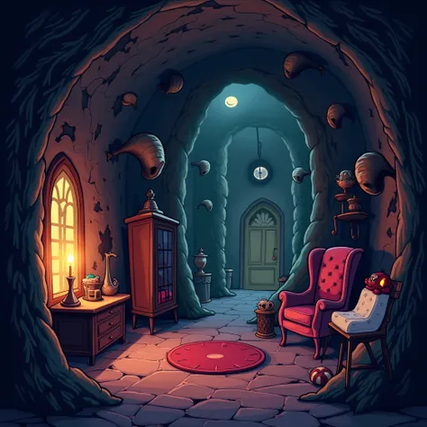 Can you make a room for me but the atmosphere is dark, cartoon style?