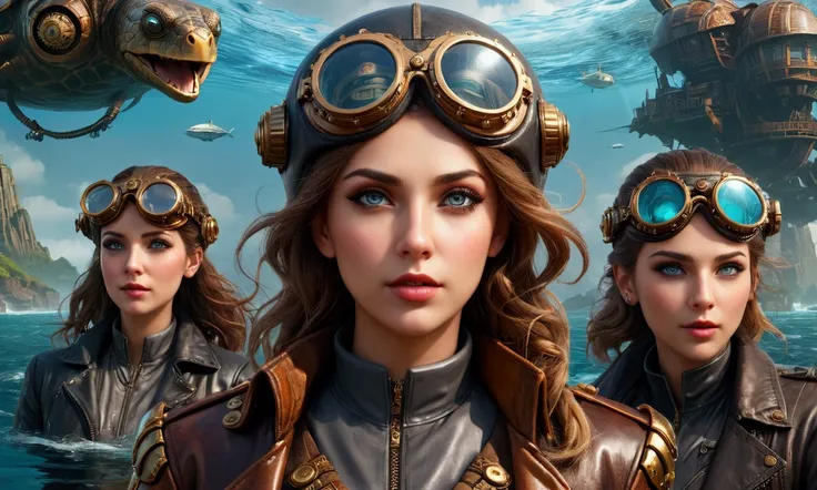 A crew of airship captains, extremely detailed portrait, beautiful detailed eyes, beautiful detailed lips, extremely detailed eyes and face, long eyelashes, goggles, leather jackets, cheering happily, fantastic clockwork city, reflected in water, built ato...