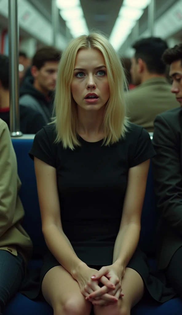 Close-up of a frightened blonde woman wearing a black dress sitting on a crowded subway train