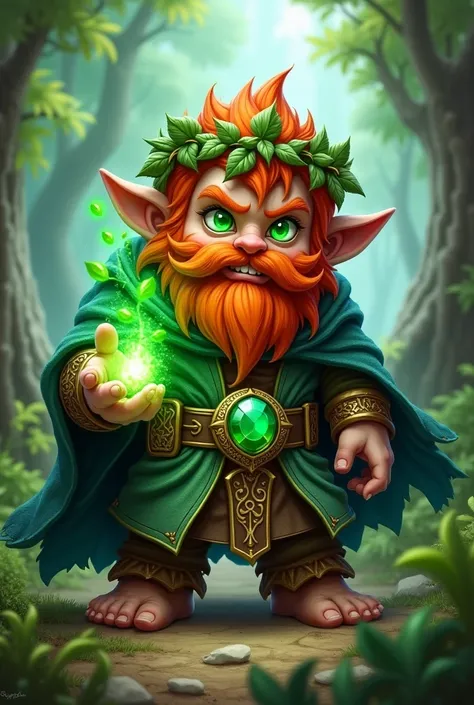 Ginger with emerald eyes dwarf warlock with a leaf crown belt buckle