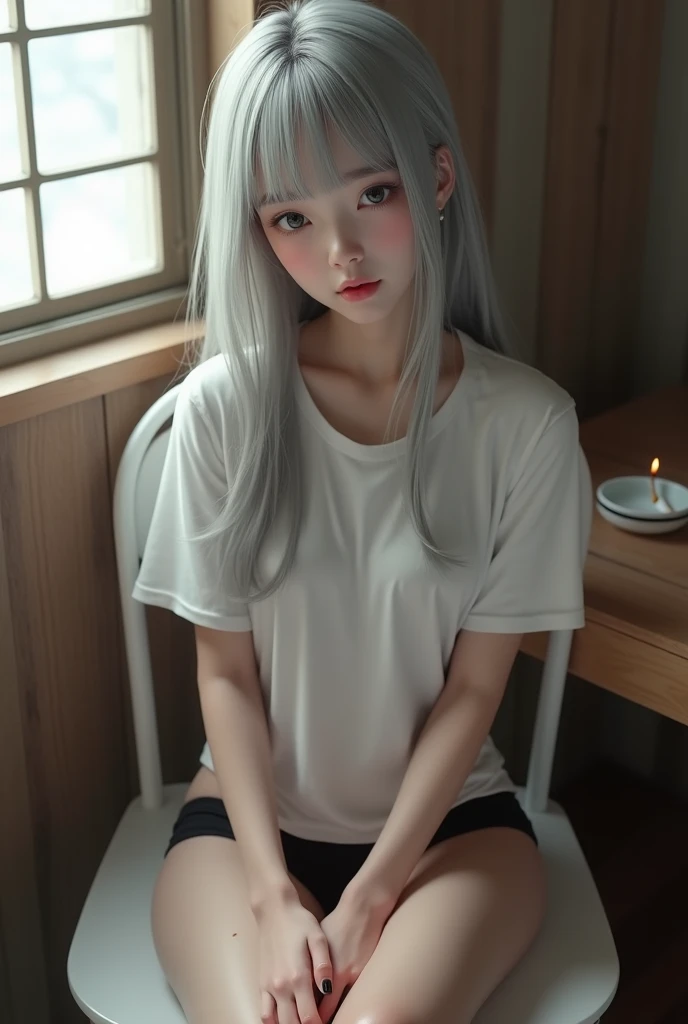 ((  best quality,16k,  High Definition  ,masterpiece:1.6)), ultra- detail ,(Realistic,photoRealistic,photo-Realistic:1.6),   19-year-old Japanese woman，Cool Beauty，Beauty，Innocence，((   silver-haired::1.2))， Long Hair，   straight hair  ， smooth hairs on my...