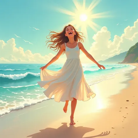 A girl in the distance can be seen singing and dancing on the beach 