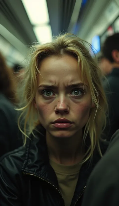 Close-up of a blonde womans panicked face on a crowded subway train