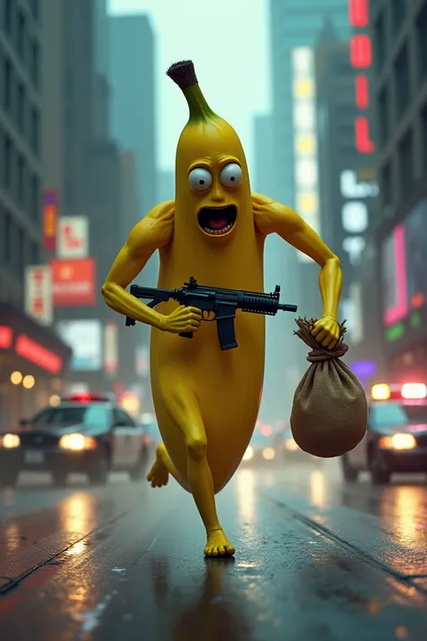 Create a human banana running away from the police with a gun and a bag of money 