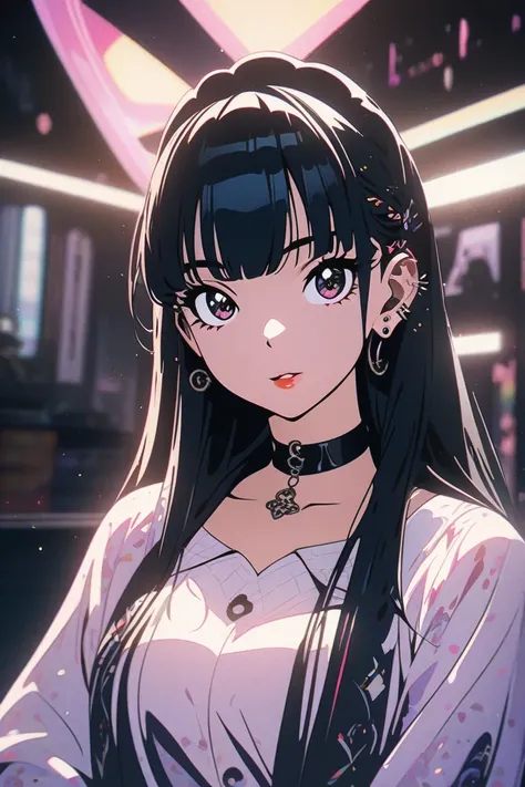 anime drawing of a lady looking away with a playful expression,
1girl,
solo,
black hair,
long hair,
piercing,
ear piercing,
looking at viewer,
choker,
bangs,
jewelry,
playful pose,

beautiful composition,
cinematic lighting,
extremely detailed,
8k resoluti...