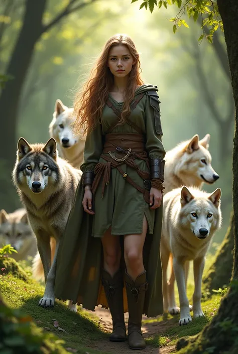 Half-elf  with light brown hair and hazel eyes. With a pack of wolves silver, grey, white, black, brown.